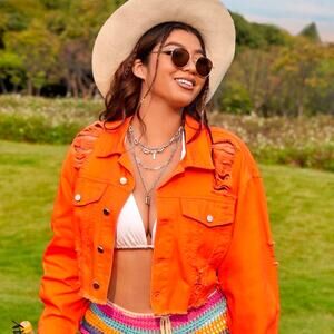 SHEIN VCAY Plus Distressed Frayed Hem Denim Jacket Drop Shoulders Size: 2X